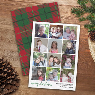 12 Photo Merry Christmas with red green plaid Holiday Card