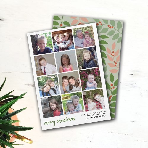 12 Photo Merry Christmas with sage botanical back Holiday Card