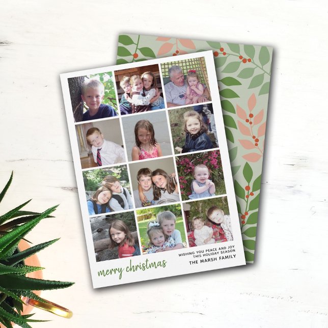 12 Photo Merry Christmas with sage botanical back Holiday Card (12 Photo collage Christmas Card)