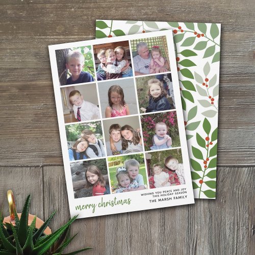 12 Photo Merry Christmas with sage botanical back Holiday Card