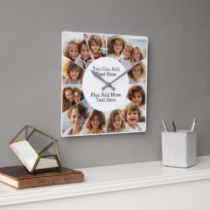 12 Photo Minimal Grid with Simple Text  Square Wal Wall Clock