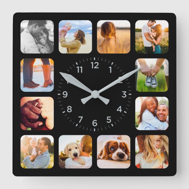 12 Photo Rounded Black Wall Clock (Front)