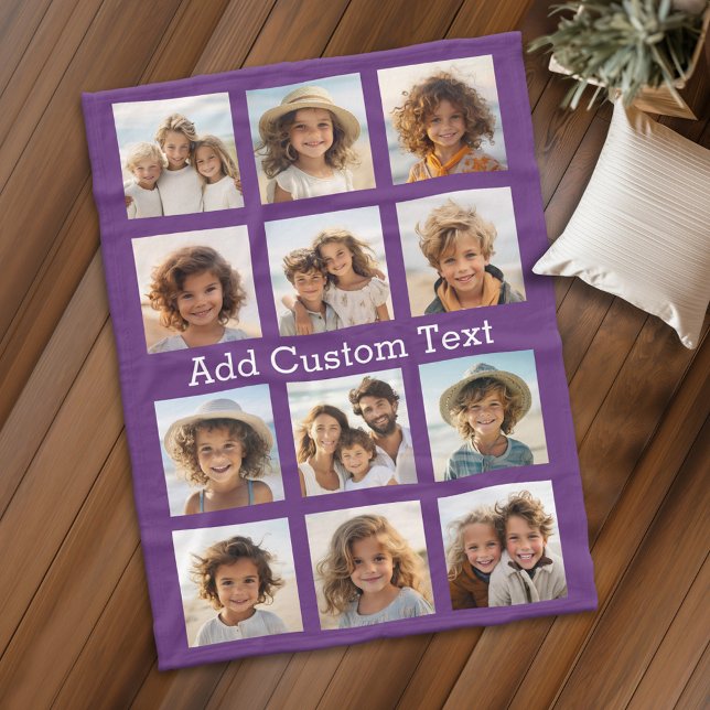 12 Photo Square Collage with Purple Background Fleece Blanket (Personalized fleece blanket with 12 photos and custom text - Makes a great Gift)