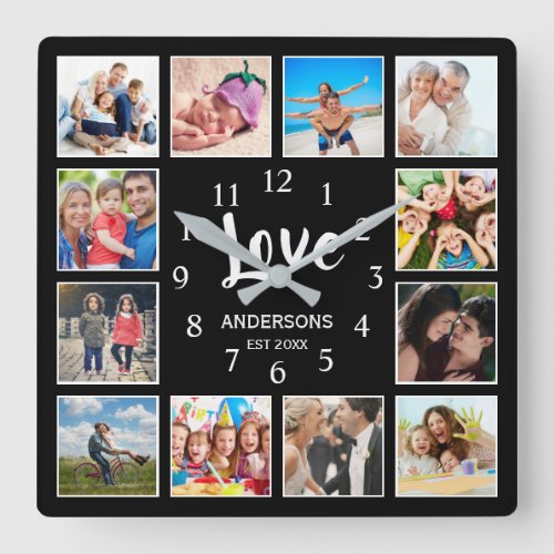 12 Photo Template Family Love Script Modern Black Square Wall Clock