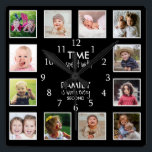 12 Photo Template Time With Family Quote Black Square Wall Clock<br><div class="desc">Custom photo clock with the inspiring family quote "Time spent with family is worth every second”. Personalize with 12 of your favorite family photos.</div>