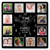 12 Photo Template Time With Family Quote Black Square Wall Clock 12 Photo Template Time With Family Quote Black Square Wall Clock