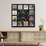 12 Photo Template Time With Family Quote Black Square Wall Clock<br><div class="desc">Custom photo clock with the inspiring family quote "Time spent with family is worth every second”. Personalize with 12 of your favorite family photos.</div>