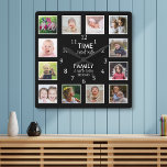 12 Photo Template Time With Family Quote Black Square Wall Clock<br><div class="desc">Custom photo clock with the inspiring family quote "Time spent with family is worth every second”. Personalize with 12 of your favorite family photos.</div>