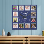 12 Photo Template Time With Family Quote Blue Square Wall Clock<br><div class="desc">Custom photo clock with the inspiring family quote "Time spent with family is worth every second”. Personalize with 12 of your favorite family photos.</div>