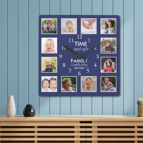 12 Photo Template Time With Family Quote Blue Square Wall Clock