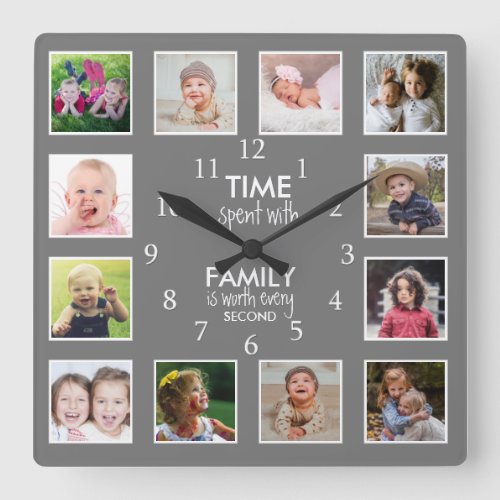 12 Photo Template Time With Family Quote Gray Square Wall Clock