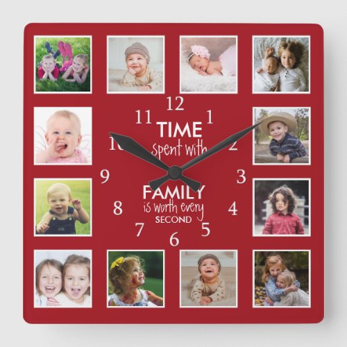 12 Photo Template Time With Family Quote Red Square Wall Clock