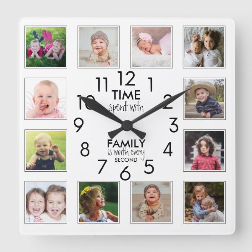 12 Photo Template Time With Family Quote White Square Wall Clock