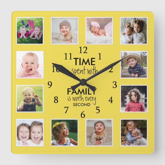 12 Photo Template Time With Family Quote Yellow Square Wall Clock (Front)