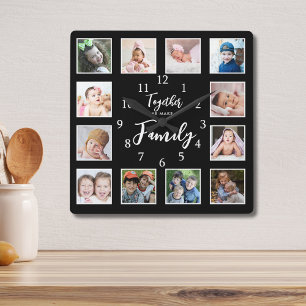 12 Photo Template Together Make Family Quote Black Square Wall Clock