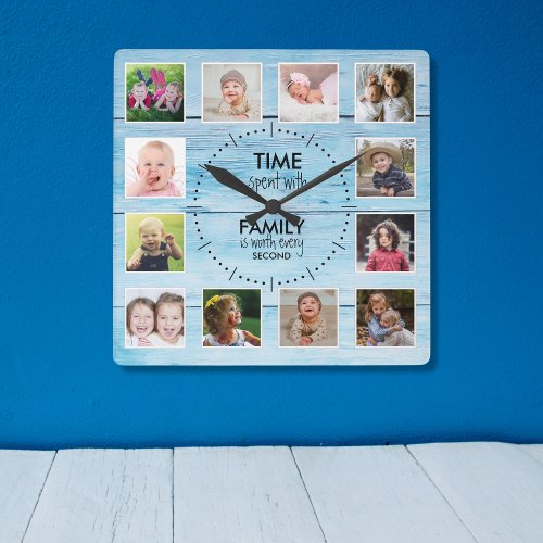 12 Photo Time Family Quote  Blue Wood Beach House Square Wall Clock