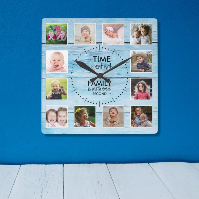 12 Photo Time Family Quote  Blue Wood Beach House Square Wall Clock (Creator Uploaded)