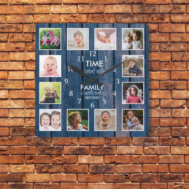 12 Photo Time Spent With Family Quote Blue Wood Square Wall Clock (Creator Uploaded)