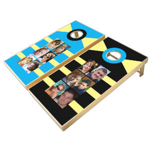 12 photo with stripes blue and black cornhole set