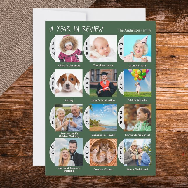 12-Photo Year Review Custom Collage Dark Green Holiday Card (A Christmas card with 'Year in Review' design, with custom photo and caption for every month)