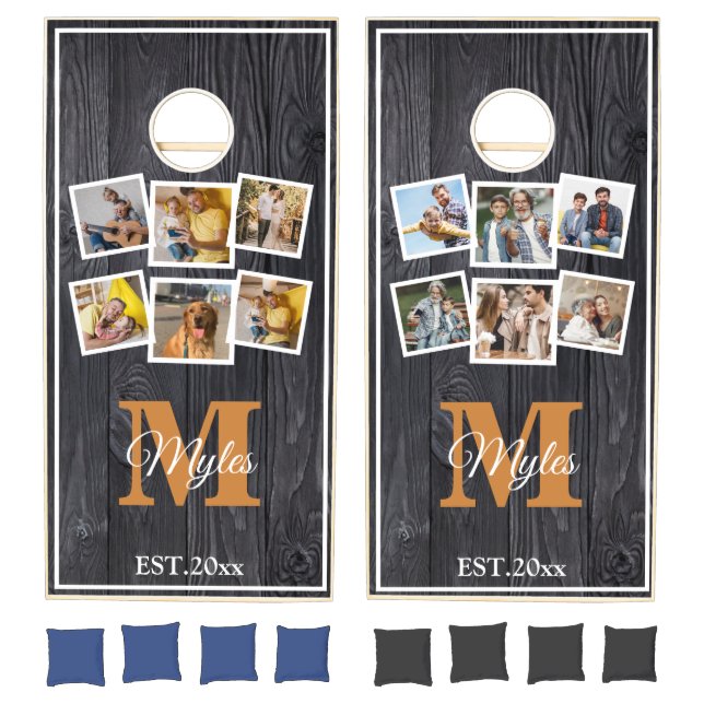12 Photos Black wooden Custom Family Monogram Name Cornhole Set (Set)