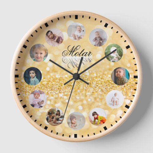 12 Photos collage Personalized Name Golden style Clock