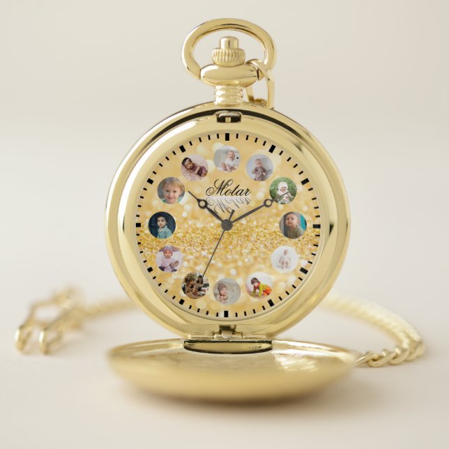 12 Photos collage Personalized Name Golden style Pocket Watch (Inside)