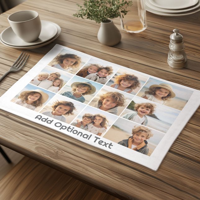 12 Photos on White - Modern, Minimal with Text Cloth Placemat (Custom Cloth Placemat with Photo Collage)