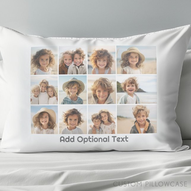 12 Photos on White - Modern, Minimal with Text Pillow Case (Create Your Own Photo Collage Pillowcase)