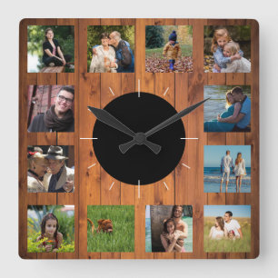 12 Picture Family Photo ✨ Faux Cherry Wood Square Wall Clock
