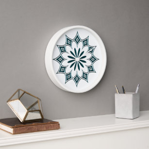 12 Point Teal and White Diamond Star Flower Clock