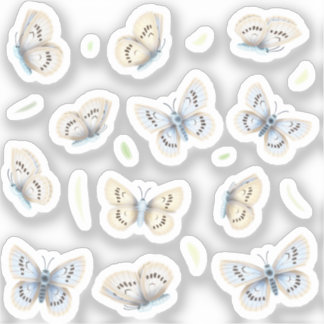 12 Pretty Blue & Cream Butterflies Decal Set