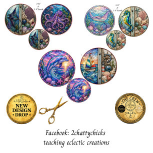 12" Rounds Stained Glass Ocean Scenes Decoupage Wrapping Paper Sheets