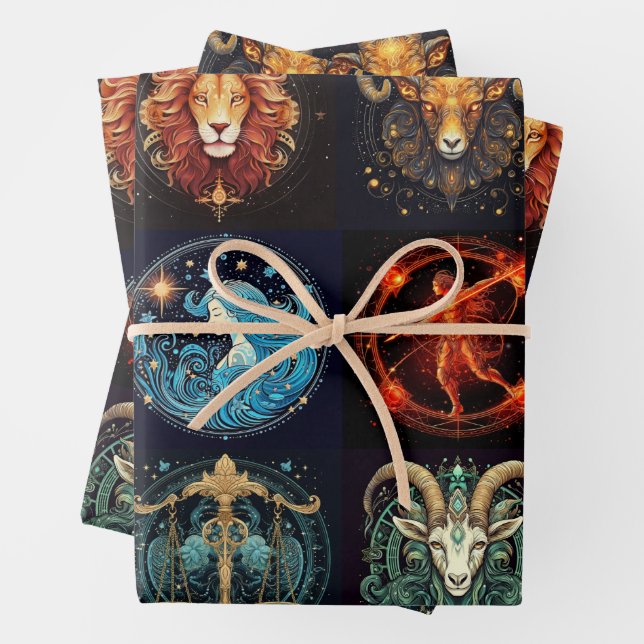 12 Signs of the Zodiac Beautiful Birthday Wrapping Paper Sheets (In situ)