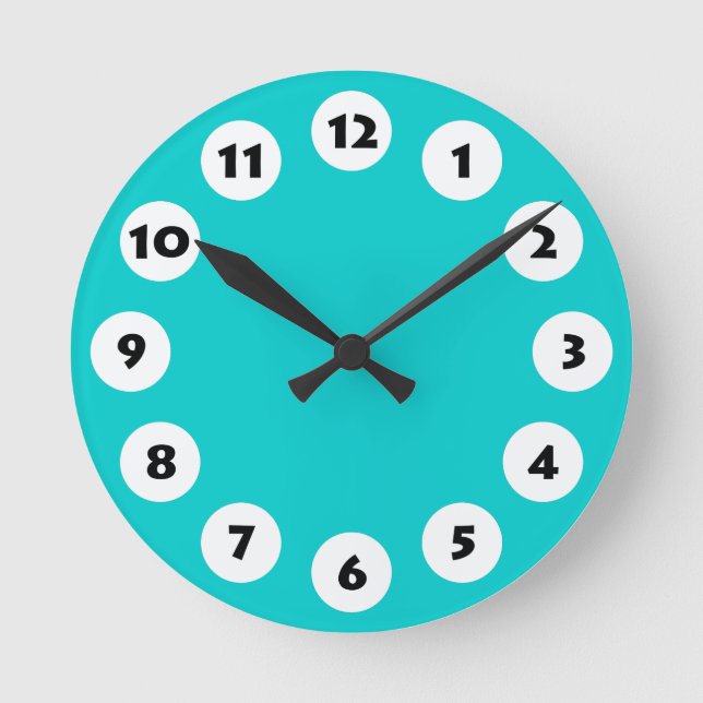 12 Spots - Black with White on Turquoise Round Clock (Front)