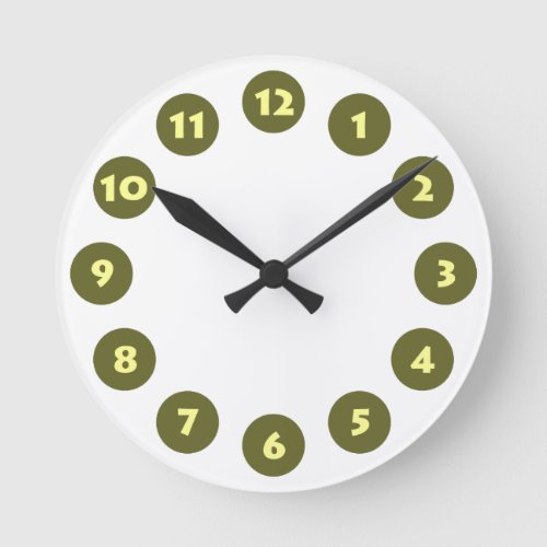 12 Spots _ Pale Yellow with Dp Olive on White Round Clock