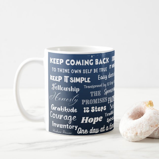 12 Step Recovery Words & Slogans Coffee Mug (With Donut)