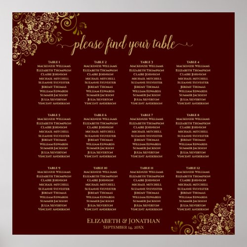 12 Table Auburn Wedding Seating Chart Lacy Gold