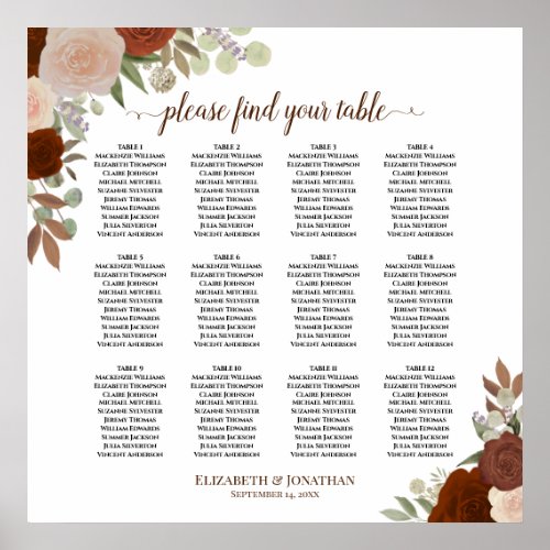 12 Table Autumn Floral Boho Wedding Seating Chart