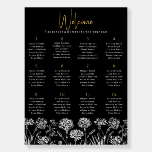 12 Table Black White Flowers Wedding Seating Chart Foam Board