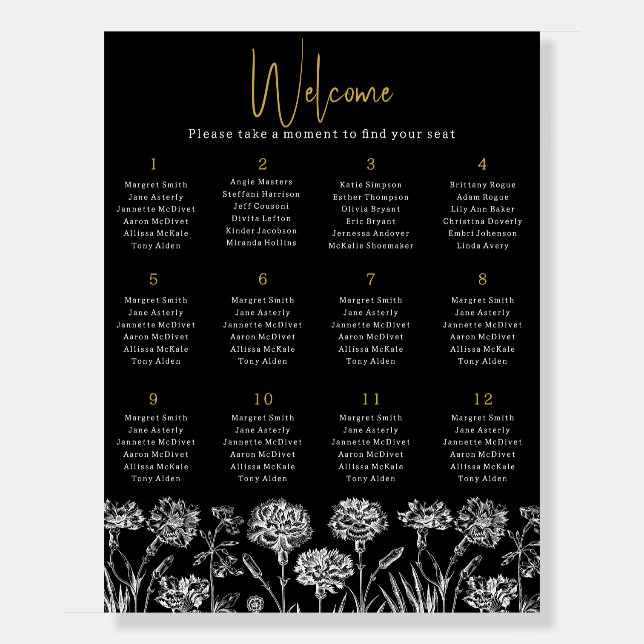 12 Table Black White Flowers Wedding Seating Chart Foam Board (Front)