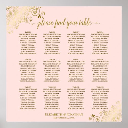 12 Table Blush Pink  Gold Wedding Seating Chart