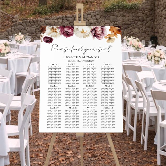 12 Table Burgundy Floral Wedding Seating Chart Foam Board (Creator Uploaded)