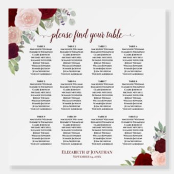 12 Table Burgundy Pink Roses Wedding Seating Chart Foam Board | Zazzle