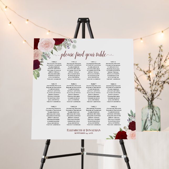12 Table Burgundy Pink Roses Wedding Seating Chart Foam Board (In Situ (Stand))