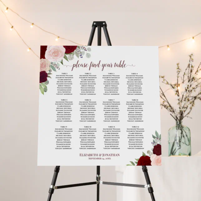 12 Table Burgundy Pink Roses Wedding Seating Chart Foam Board | Zazzle