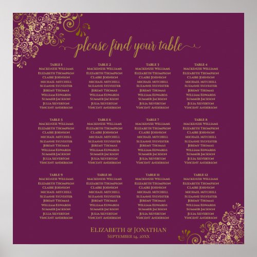 12 Table Cassis Purple Wedding Seating Chart Gold