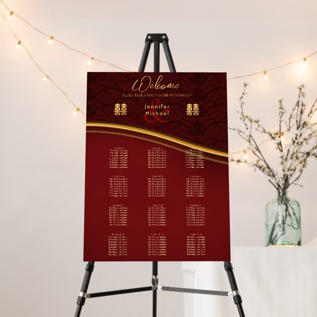 12 Table CHINESE WEDDING SEATING CHART Red Gold Foam Board (In Situ (Stand))