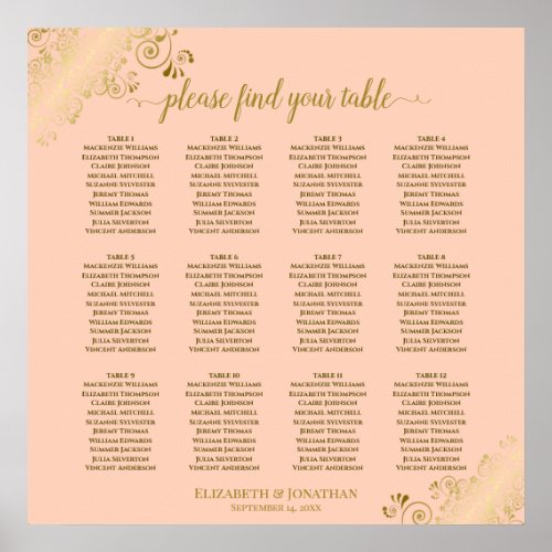 12 Table Coral Peach  Gold Wedding Seating Chart