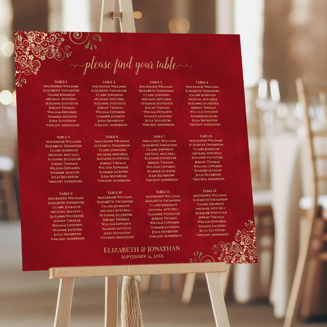 12 Table Crimson Red & Gold Wedding Seating Chart Foam Board (On Stand at Reception)